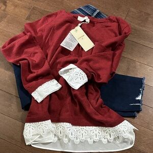 Sz L⭐️NWT Cream Lavalin Red Lace-Hem Pull Over Sweater